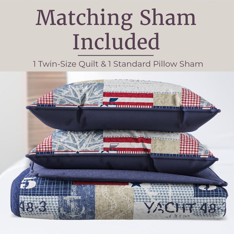Lavish Home 2-Piece Quilt Set - Nautical Americana Patchwork Print All-Season Soft Microfiber Bedspread - Twin Bedding with Pillow Sham by Lavish Home - Image 4